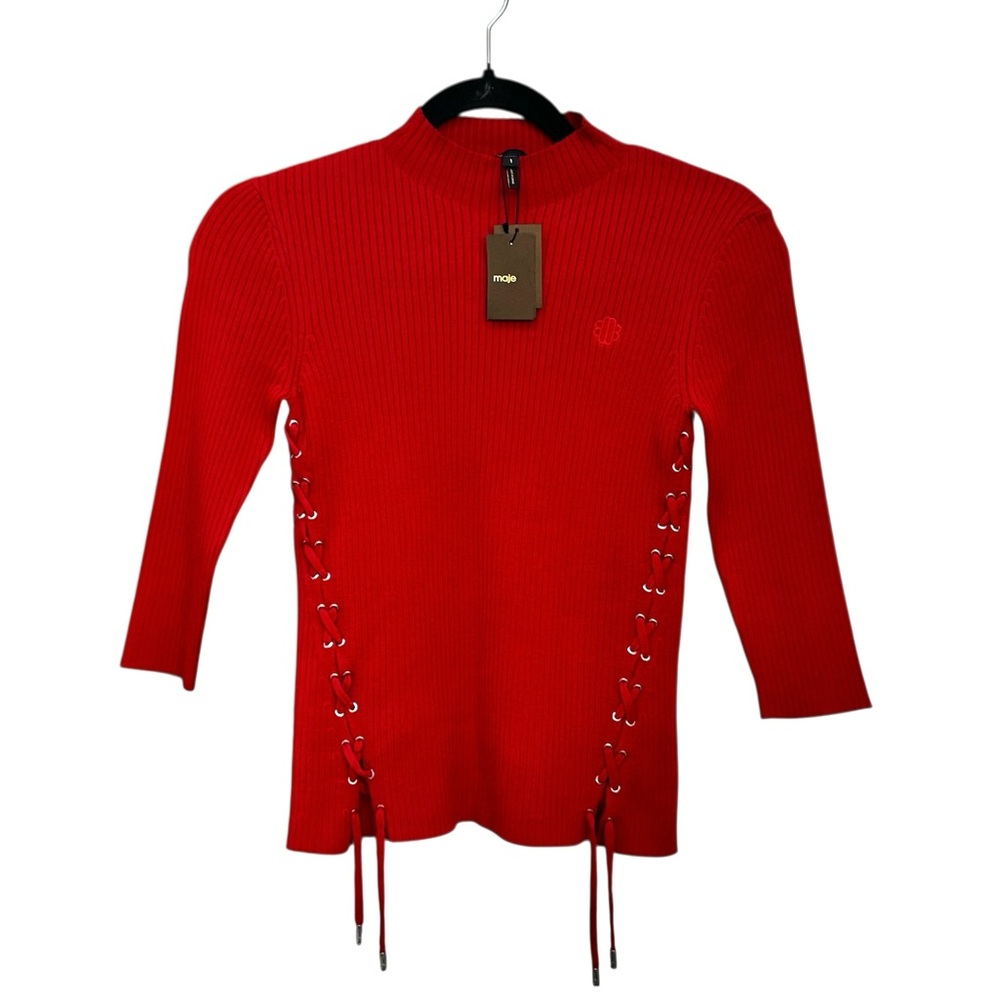 NEW Maje Ribbed Eyelet Lace Up Wool Blend Pullover Sweater Half Sleeve Mock Neck - Picture 2 of 10